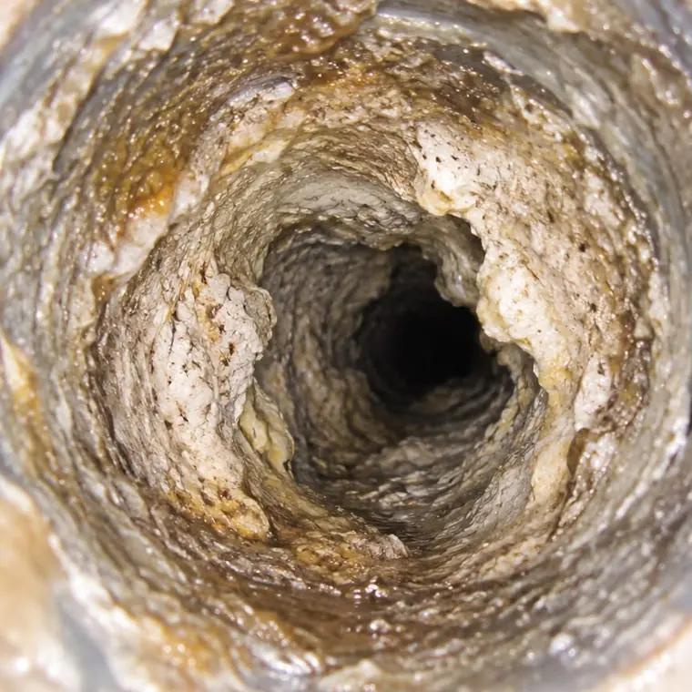 Intérieur de canalisation obstrué par le tartre et les graisses avant curage