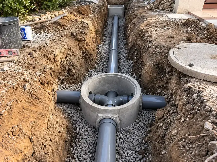 Regard de visite béton et pieuvre de raccordement PVC posés sur lit de gravier